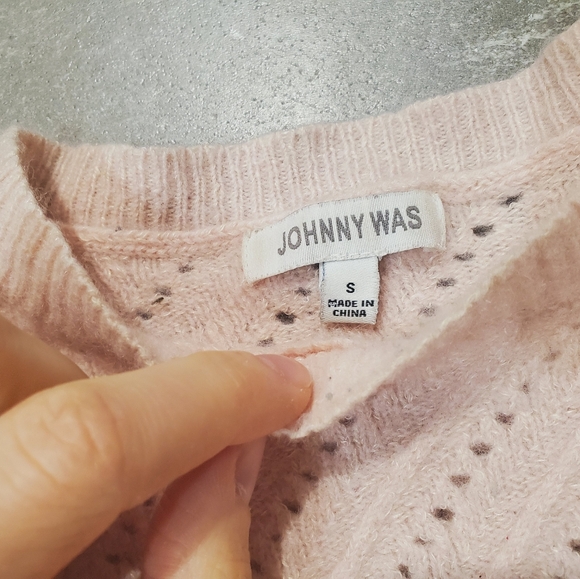 Johnny Was Crew Neck Crop Knit Sweater Light Pink. Cashmere, Linen. Split. Boho. - Picture 3 of 8